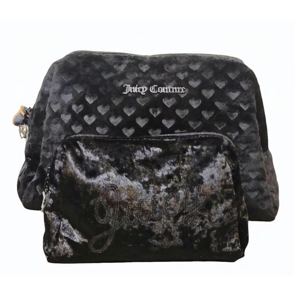 Juicy Couture Signature Logo Heart Embossed 2-PC Velour Travel Cosmetic Bag Set - Picture 2 of 10